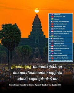 អបអរសាទរ! ប្រាសាទអង្គរវត្ត ជាប់ចំណាត់ថ្នាក់កំពូល ជាគោលដៅទេសចរណ៍ទាក់ទាញបំផុតនៅអាស៊ីសម្រាប់ឆ្នាំ២០២៥