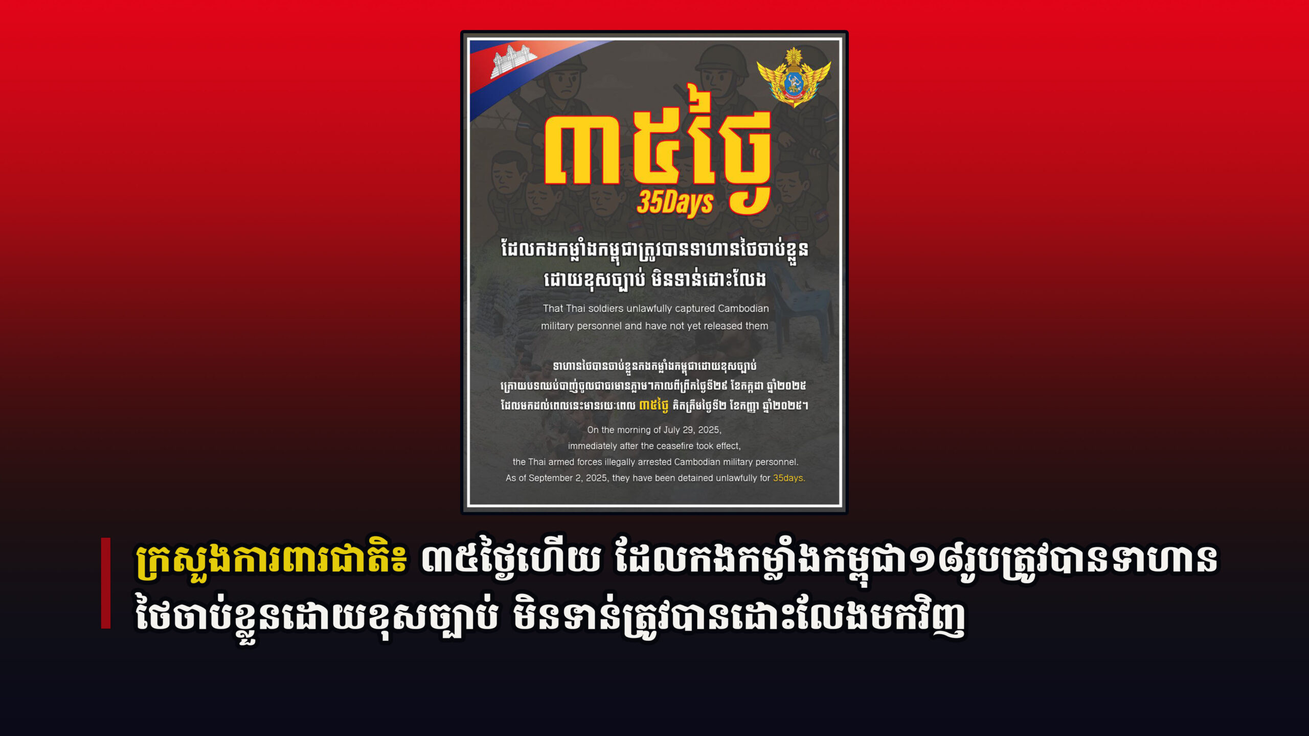 ក្រសួងការពារជាតិ៖ ៣៥ថ្ងៃហើយ ដែលកងកម្លាំងកម្ពុជា១៨រូបត្រូវបានទាហានថៃចាប់ខ្លួនដោយខុសច្បាប់ មិនទាន់ត្រូវបានដោះលែងមកវិញ