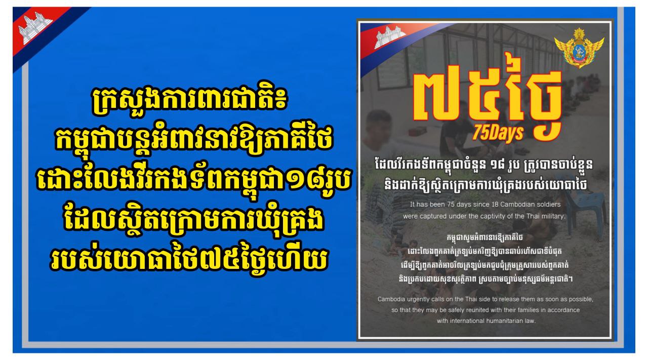 ក្រសួងការពារជាតិ៖ កម្ពុជាបន្តអំពាវនាវឱ្យភាគីថៃដោះលែងវីរកងទ័ពកម្ពុជា១៨រូបដែលស្ថិតក្រោមការឃុំគ្រងរបស់យោធាថៃ៧៥ថ្ងៃហើយ