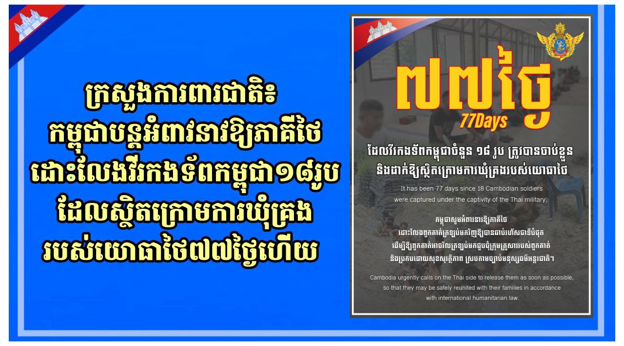 ក្រសួងការពារជាតិ៖ កម្ពុជាបន្តអំពាវនាវឱ្យភាគីថៃដោះលែងវីរកងទ័ពកម្ពុជា១៨រូបដែលស្ថិតក្រោមការឃុំគ្រងរបស់យោធាថៃ៧៧ថ្ងៃហើយ