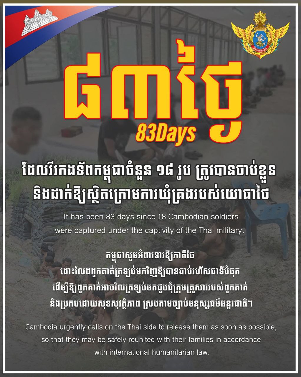 ក្រសួងការពារជាតិ៖ កម្ពុជាបន្តអំពាវនាវឱ្យភាគីថៃដោះលែងវីរកងទ័ពកម្ពុជា១៨រូបដែលស្ថិតក្រោមការឃុំគ្រងរបស់យោធាថៃ៨៣ថ្ងៃហើយ