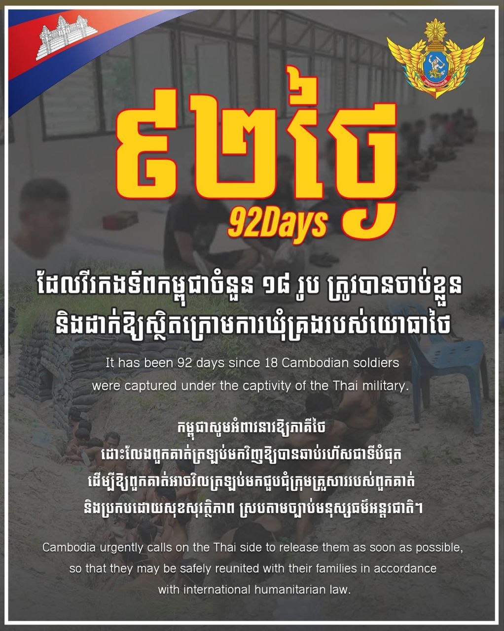 ក្រសួងការពារជាតិ៖ កម្ពុជាបន្តអំពាវនាវឱ្យភាគីថៃដោះលែងវីរកងទ័ពកម្ពុជា១៨រូបដែលស្ថិតក្រោមការឃុំគ្រងរបស់យោធាថៃ៩២ថ្ងៃហើយ