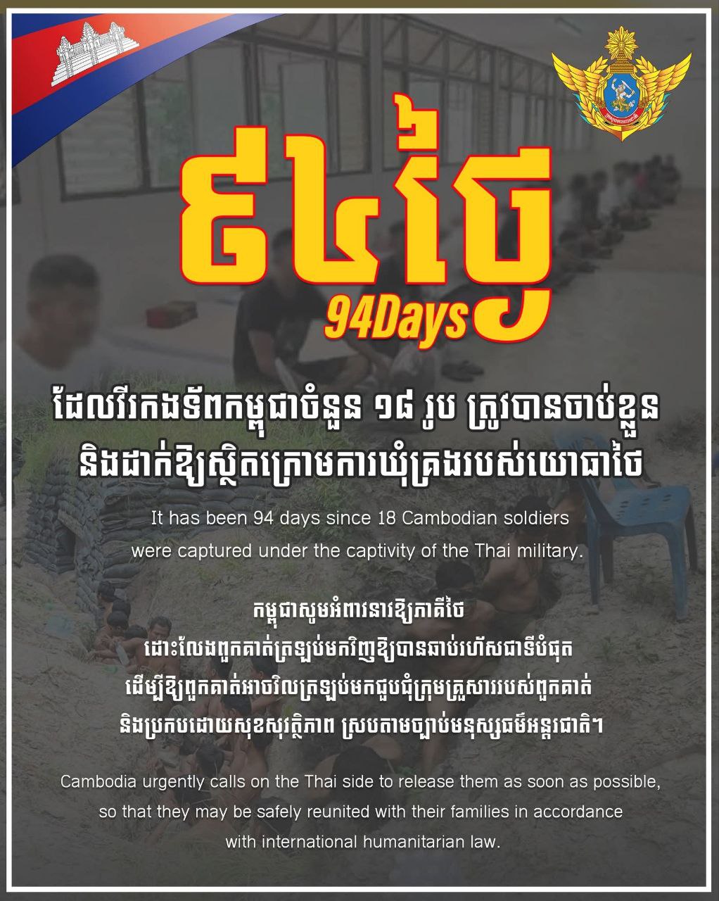 ក្រសួងការពារជាតិ៖ កម្ពុជាបន្តអំពាវនាវឱ្យភាគីថៃដោះលែងវីរកងទ័ពកម្ពុជា១៨រូបដែលស្ថិតក្រោមការឃុំគ្រងរបស់យោធាថៃ៩៤ថ្ងៃហើយ